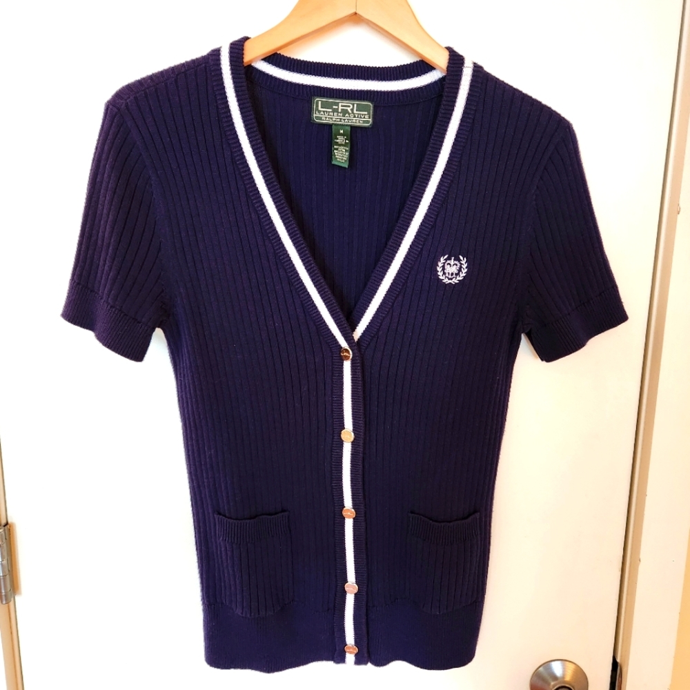 LRL Ralph Lauren Active Blue White Short Sleeve Cardigan Sz M